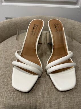 Call It Spring Vegan- White Strappy Clear-Heel Slide Sandals